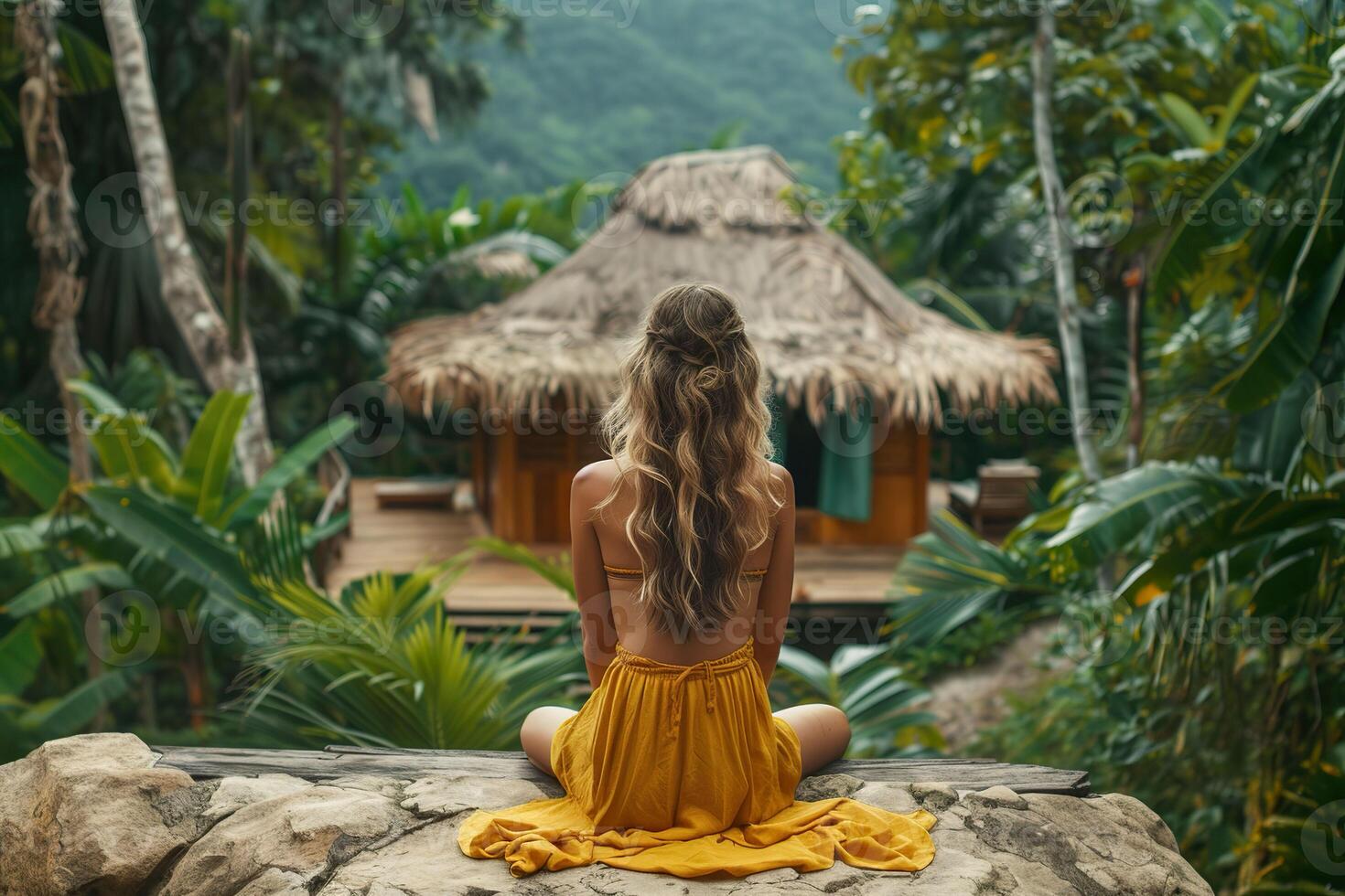 ai generiert ein Frau Sitzung und mit Blick auf ein üppig tropisch Landschaft. generativ ai. foto