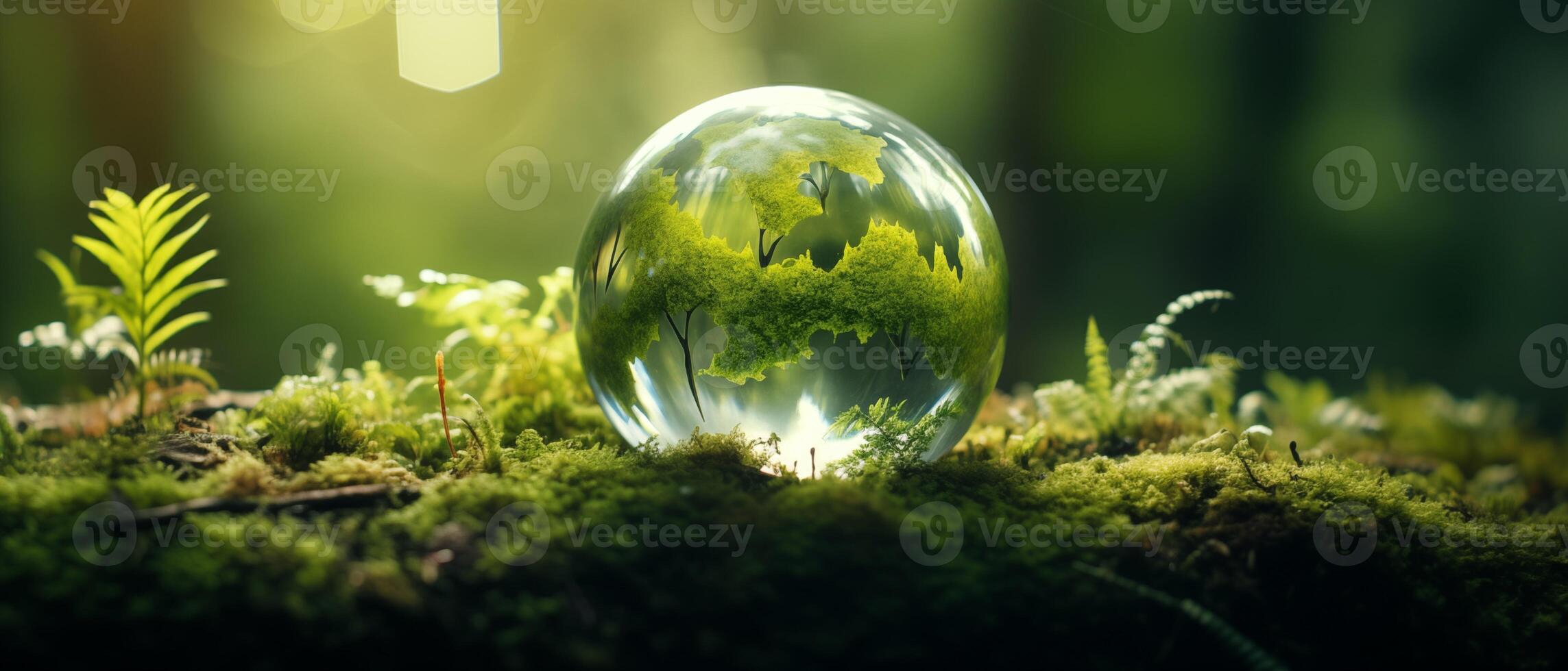 ai generiert ein klar Kristall Ball mit Pflanzen innen. umgeben durch klein Pflanzen, Moos, und Gras, es sah mögen ein klein, Grün Welt generativ ai foto