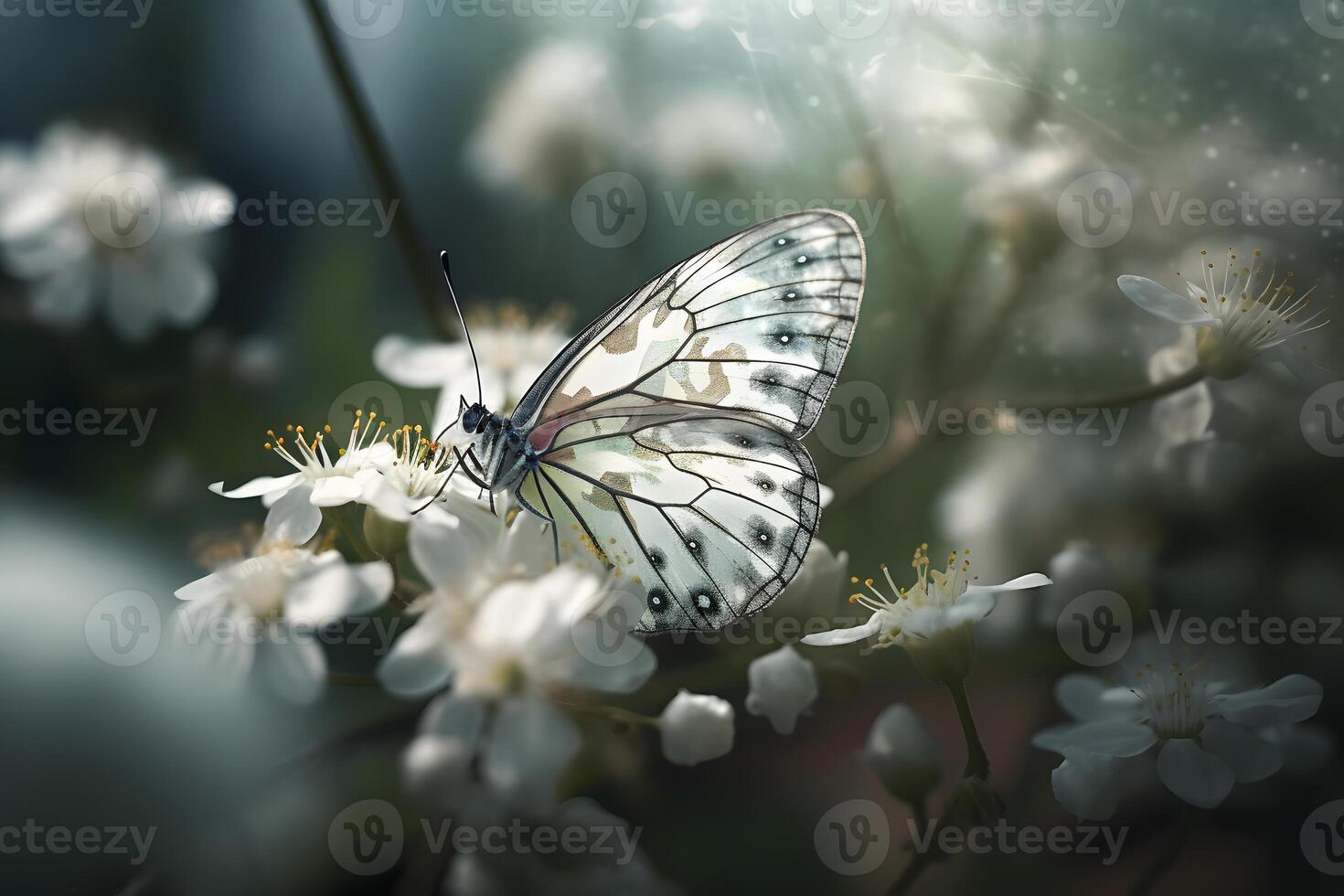 ai generiert blühen Sakura. Ast von blühen Sakura und hell Blau Morpho Schmetterling. neural Netzwerk ai generiert foto