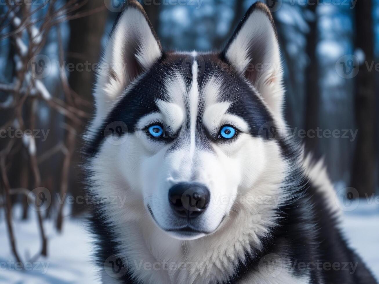 ai generiert ein heiser Hund mit Blau Augen im das Schnee foto