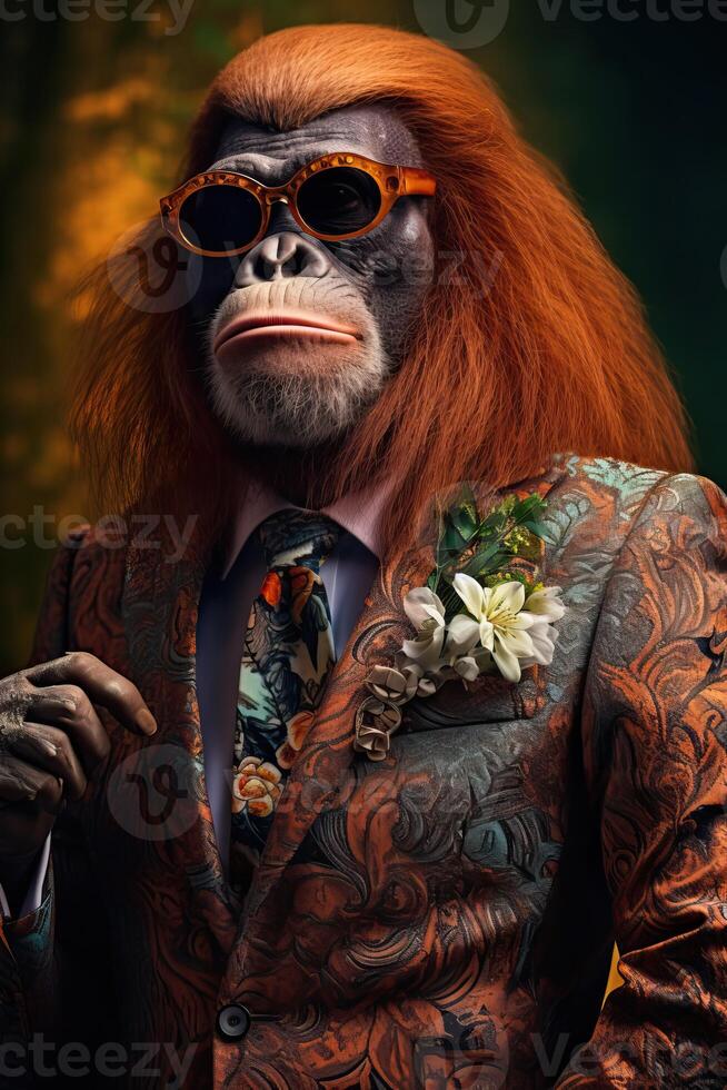 ai generiert Orang-Utan gekleidet im ein elegant modern Orange passen mit ein nett binden. Mode Porträt von ein foto