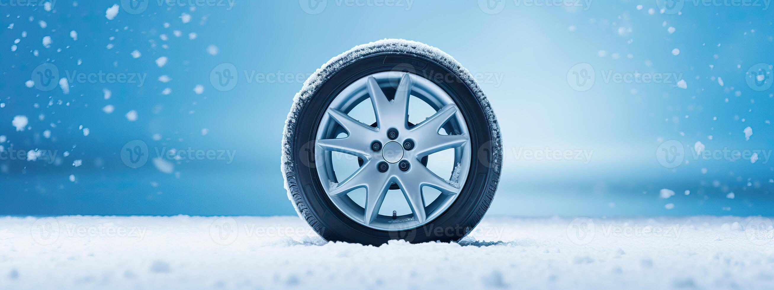 ai generiert Marke Neu Winter Auto Reifen präsentiert gegen ein schneebedeckt Blau Hintergrund, Winter Reifen bereit zum Winter foto