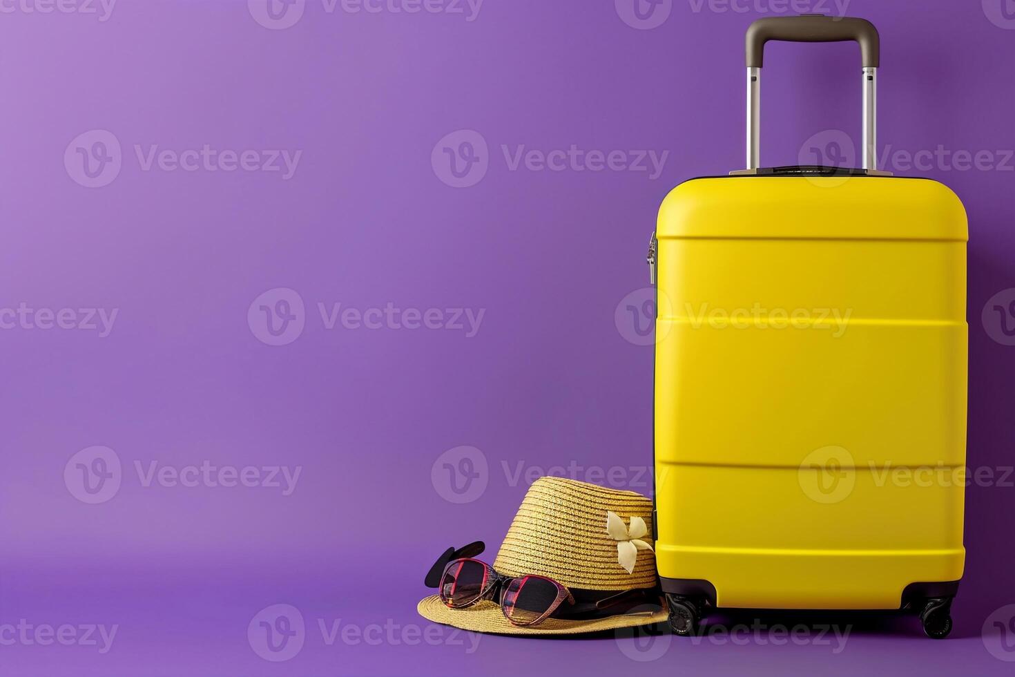 ai generiert bereit zum Abenteuer hell Gelb Koffer mit Sommer- Hut und Sonnenbrille foto