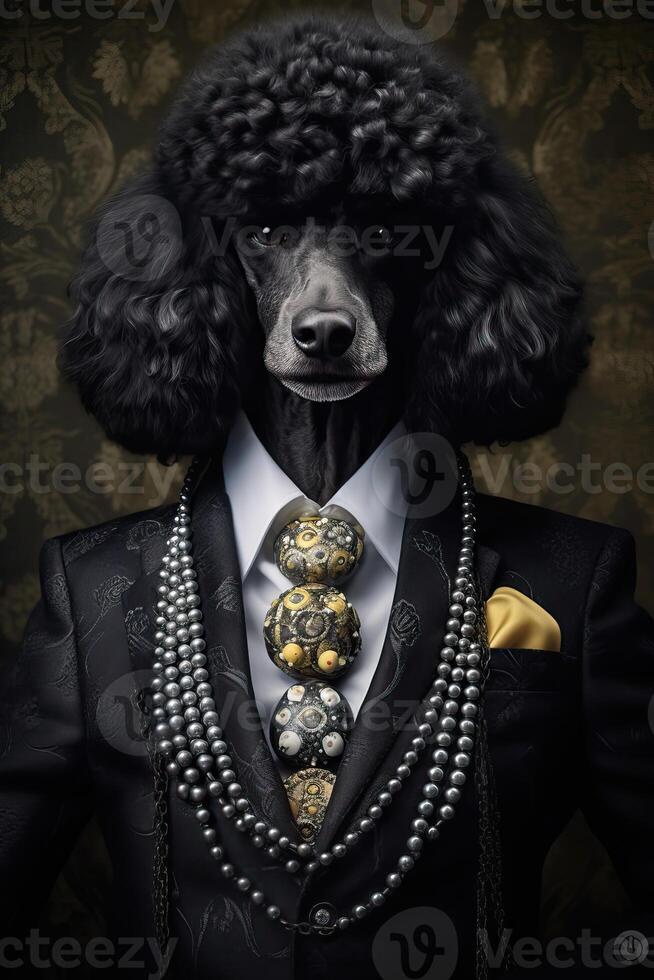 ai generiert Hund, schwarz Pudel, gekleidet im ein elegant modern passen mit ein nett Schal, tragen Sonnenbrille. Mode foto