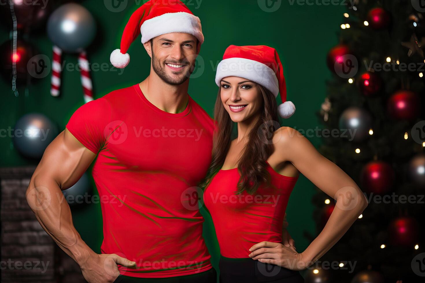 ai generiert ein sportlich Paar Mann Frau tragen Vater Weihnachten Santa Hut. Urlaub gesund Lebensstil, auf festlich foto