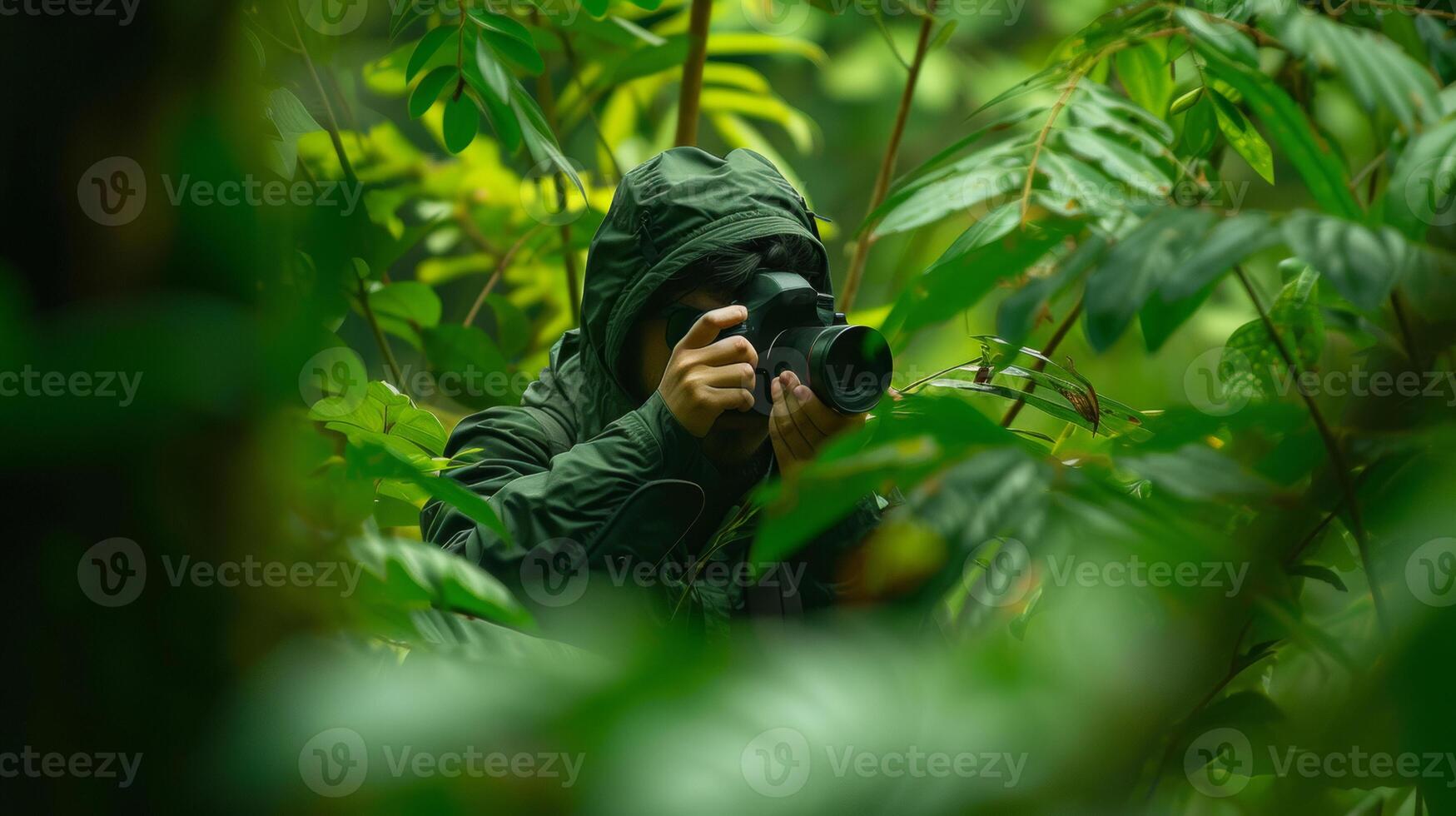 ai generiert ein Tierwelt Fotograf warten zum ein Blick von ein versteckt Tier im das Wald foto