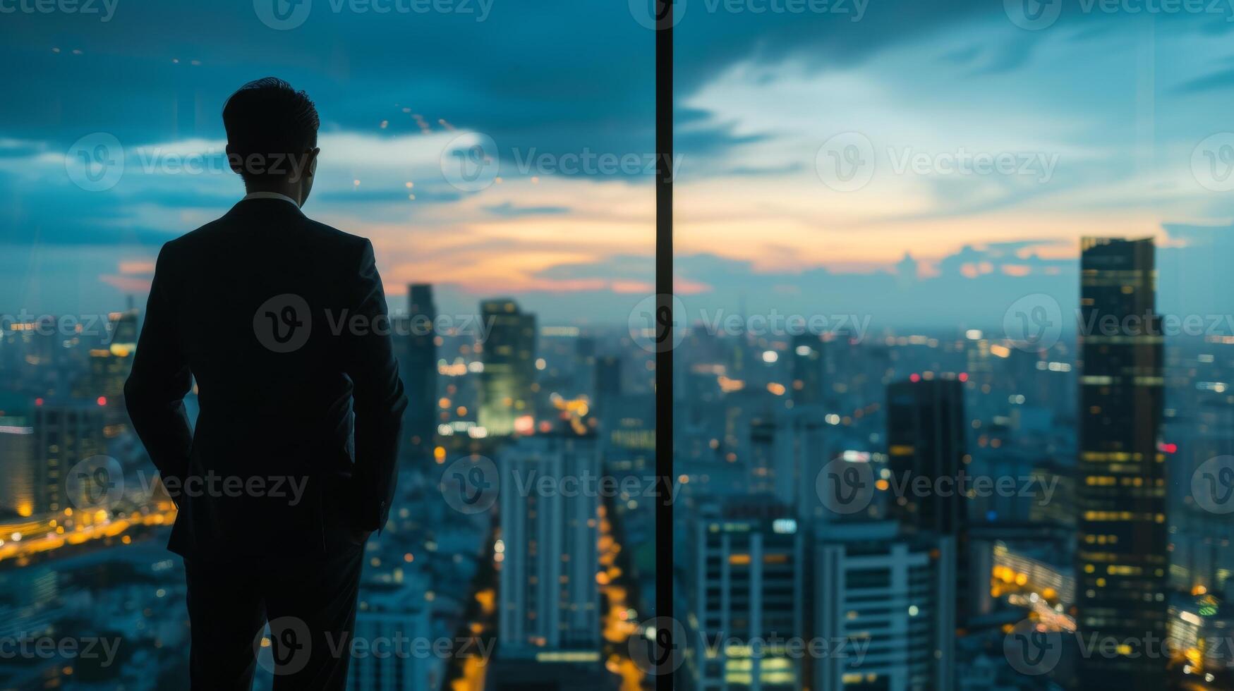 ai generiert ein Visionär Führer Planung zum das Zukunft im Vorderseite von ein Stadt Aussicht foto