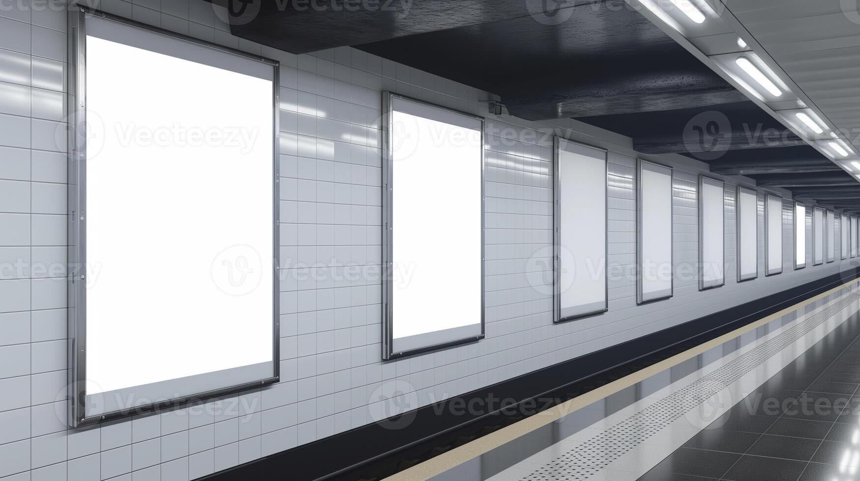Vertikale Werbetafeln im U-Bahn Bahnhof Attrappe, Lehrmodell, Simulation foto