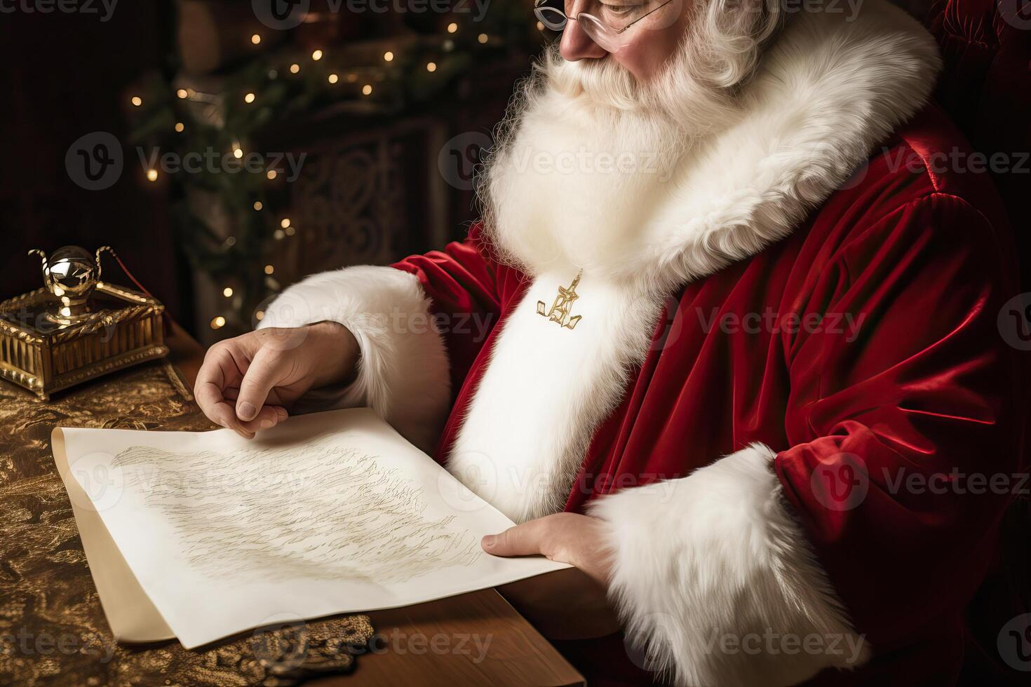 ai generiert Nahansicht Porträt von lächelnd Santa claus sitzt beim das Tabelle und schreibt ein Brief zu das Kinder, foto