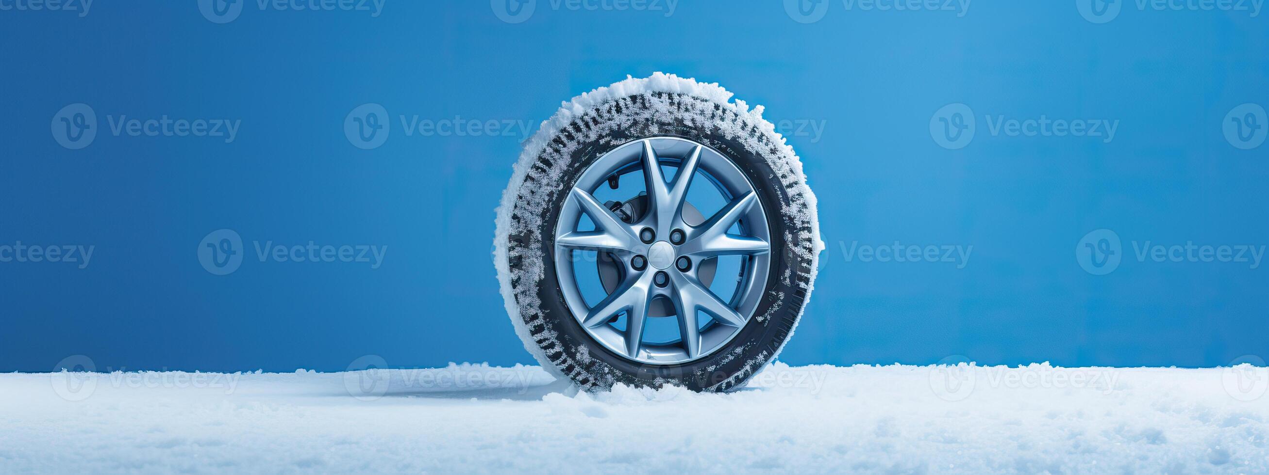 ai generiert Marke Neu Winter Auto Reifen präsentiert gegen ein schneebedeckt Blau Hintergrund, Winter Reifen bereit zum Winter foto