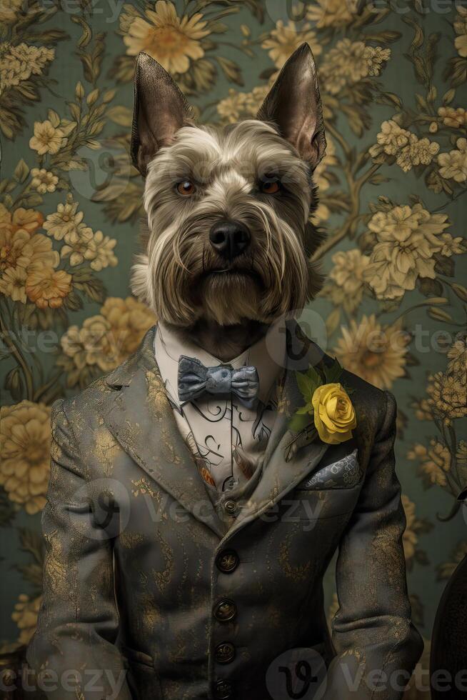 ai generiert Hund, Yorkshire, gekleidet im ein elegant modern passen mit ein nett binden. Mode Porträt von ein foto