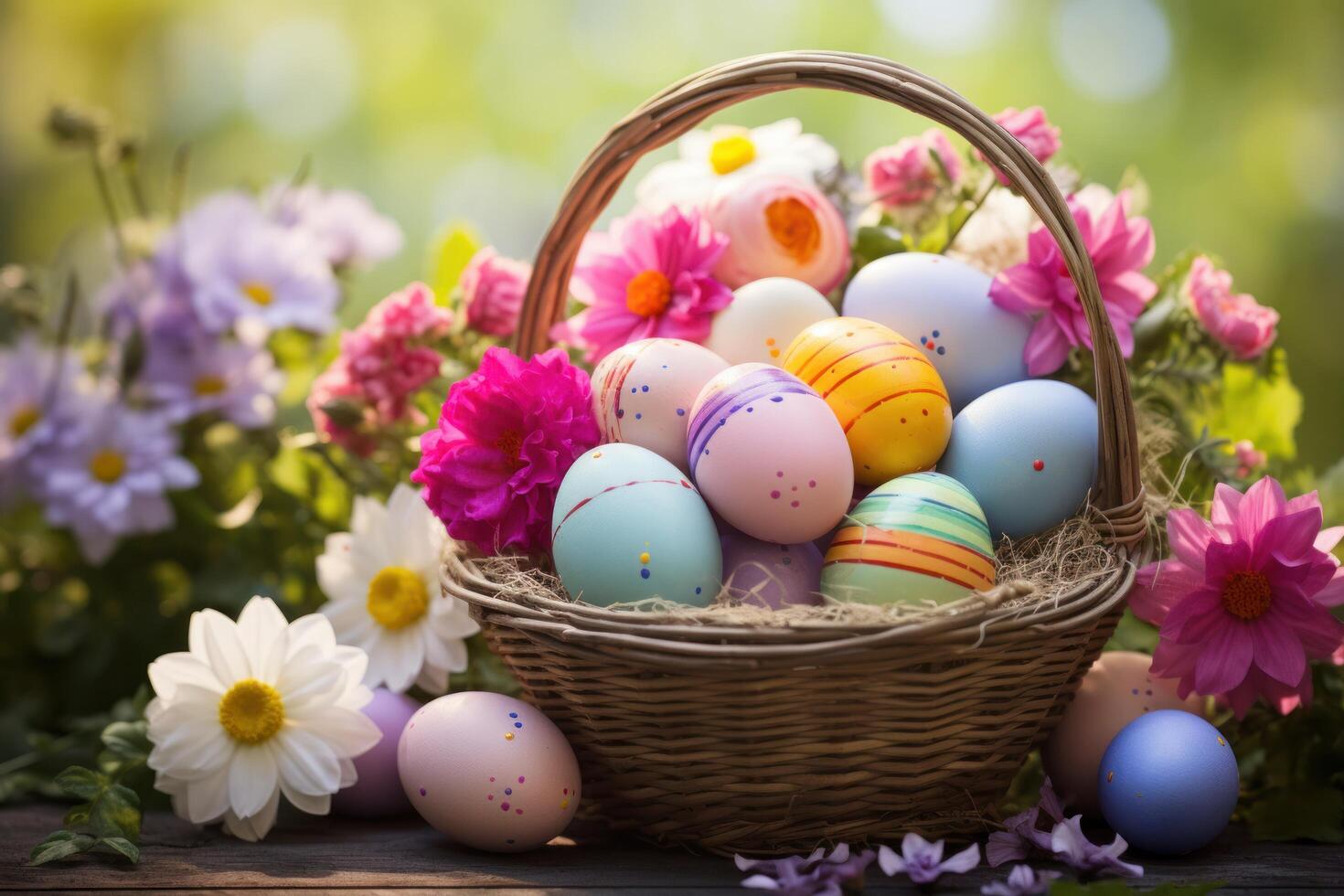 ai generiert ein fesselnd Bild von ein Ostern Korb überfüllt mit bunt Eier foto