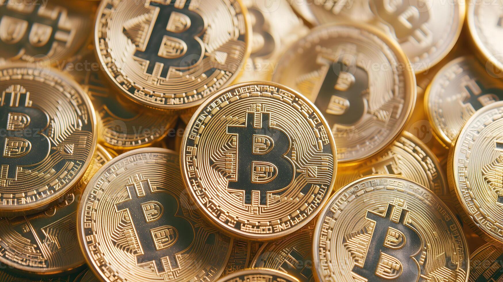 ai generiert golden Bitcoin Glanzlichter Nahansicht Vollbild Hintergrund. foto