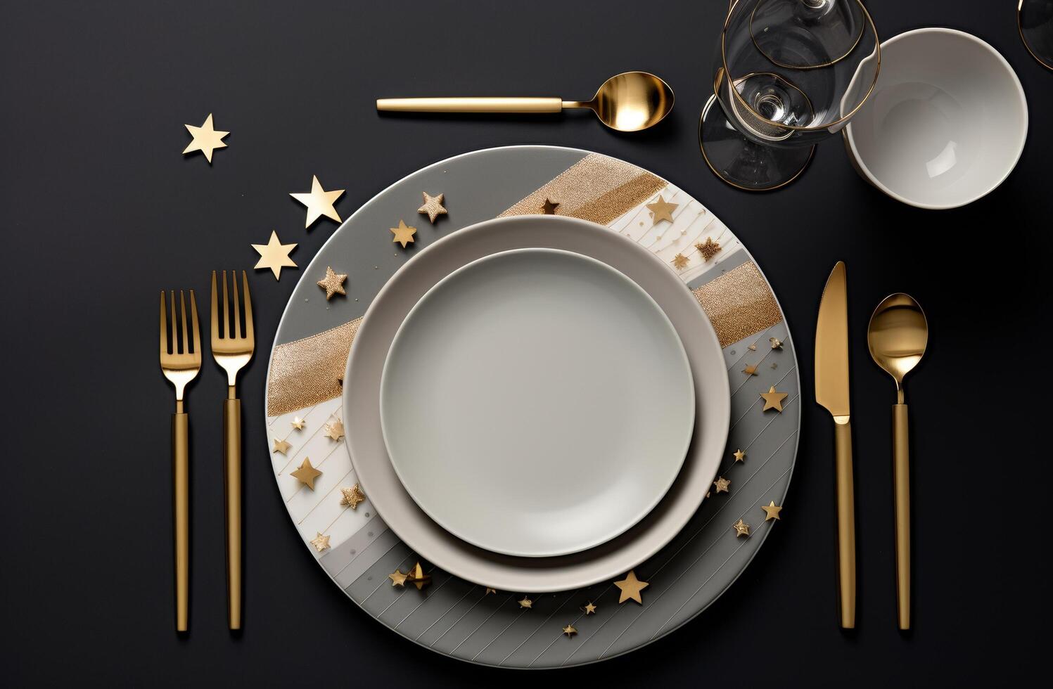 ai generiert grau Abendessen Platten mit golden Besteck und Gold Zylinderware setzt foto