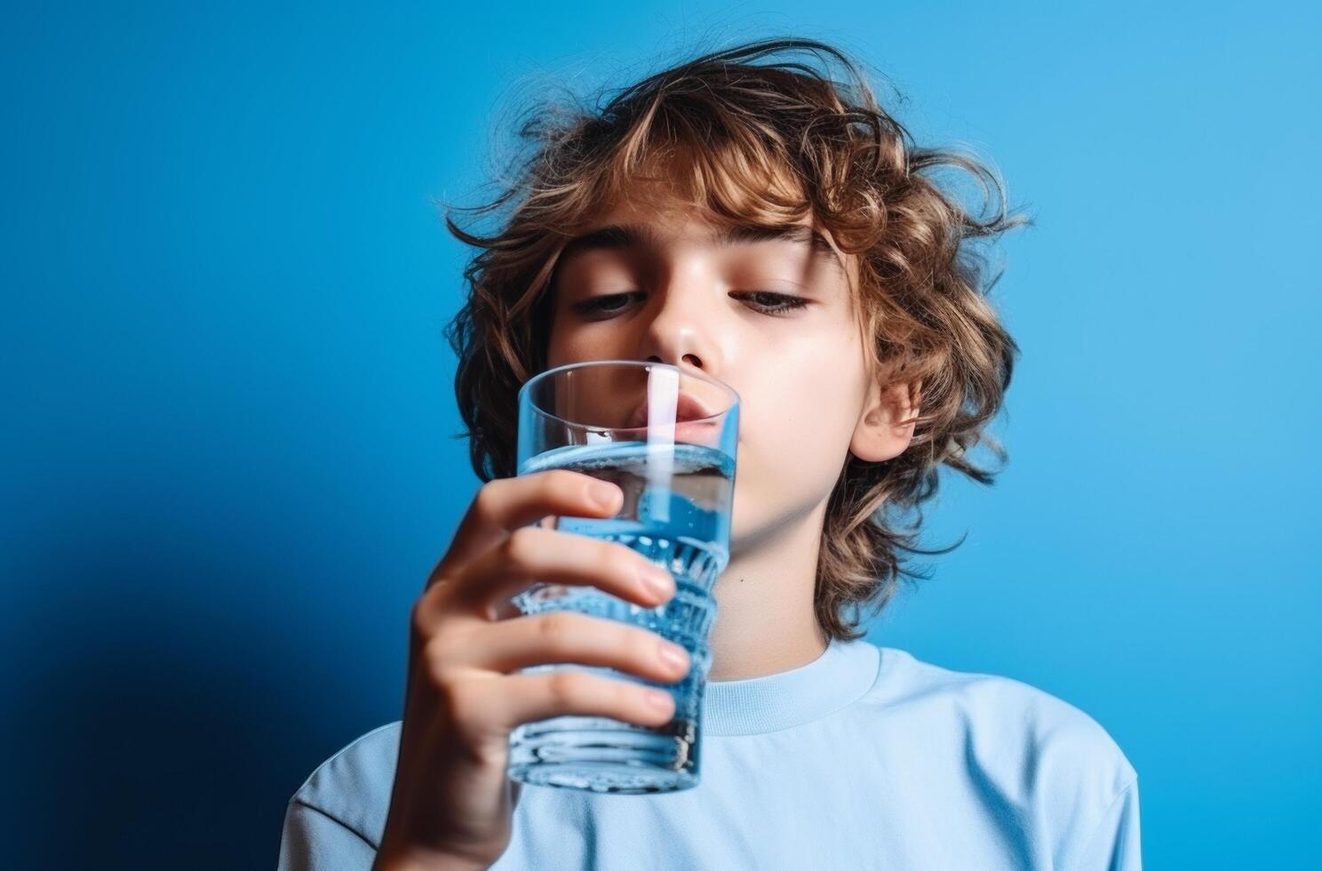 ai generiert ein Junge Trinken Wasser von ein Glas von Wasser foto