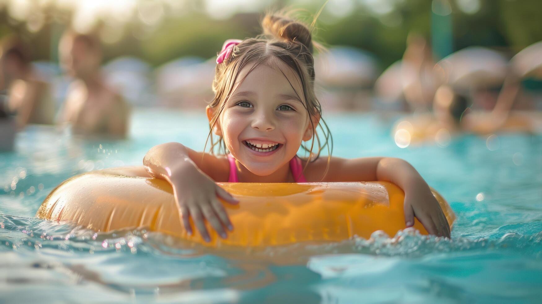 ai generiert froh Kind auf Schwimmbad schweben foto