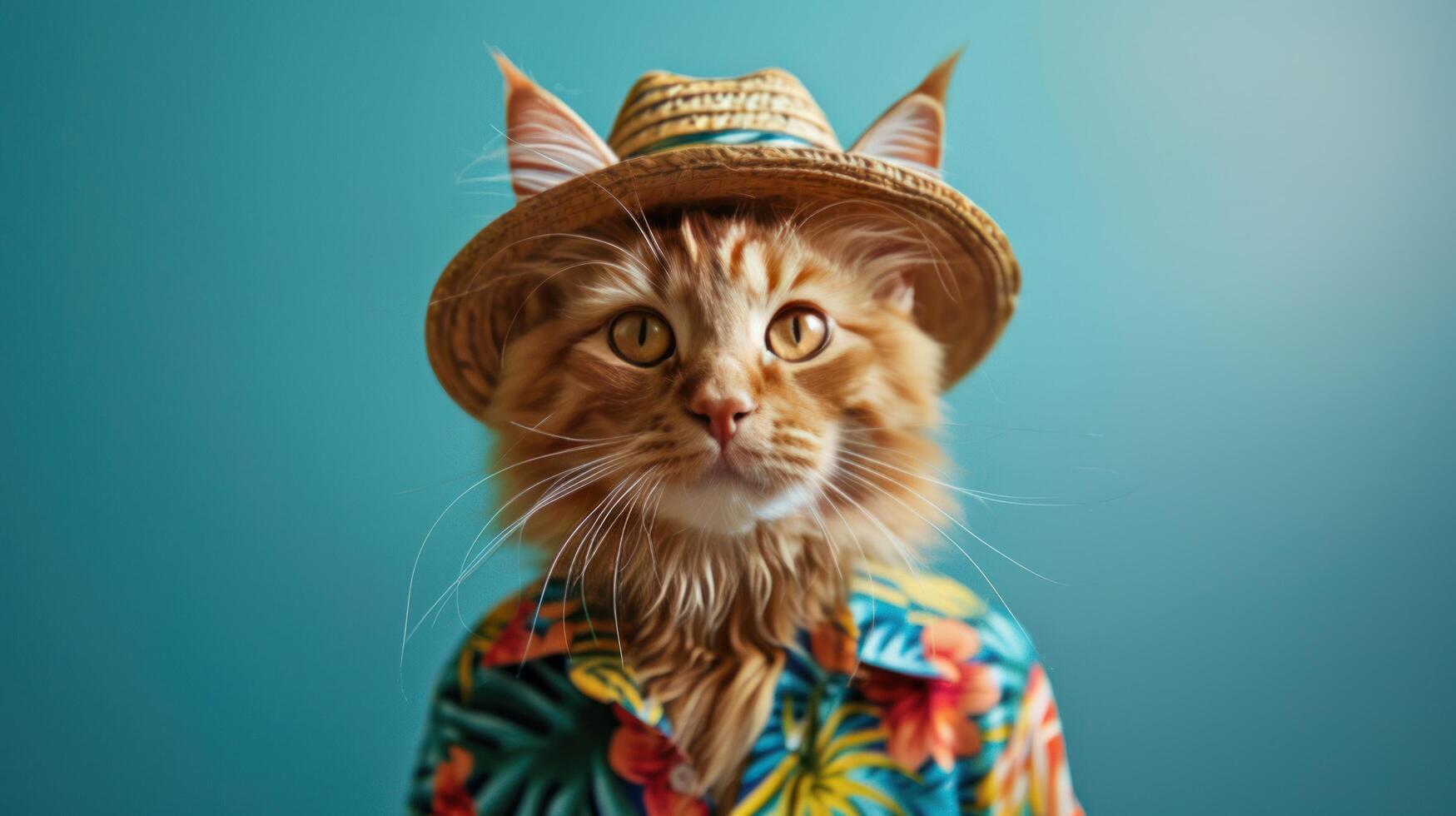 ai generiert modisch Katze im Sommer- Hut und hawaiisch Hemd foto
