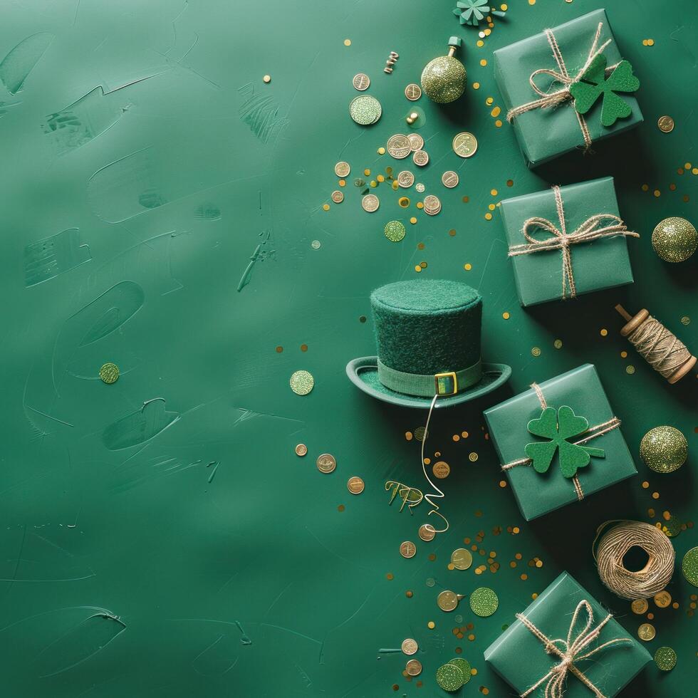 ai generiert Heilige Patrick's Tag. ein Draufsicht Bild mit Kobold Hut Geschenk Kisten, Schnur Spule, Gold Münzen, foto