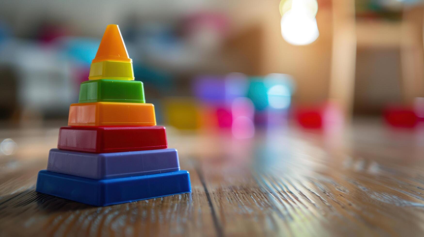 ai generiert ein Kinder- mehrfarbig Plastik Spielzeug Pyramide steht auf ein hölzern Fußboden foto