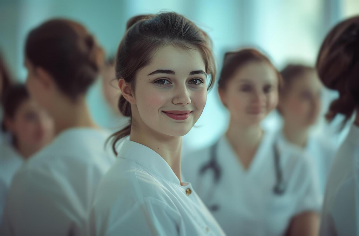 ai generiert Krankenschwestern Stand im ein Gruppe mit andere Frauen foto