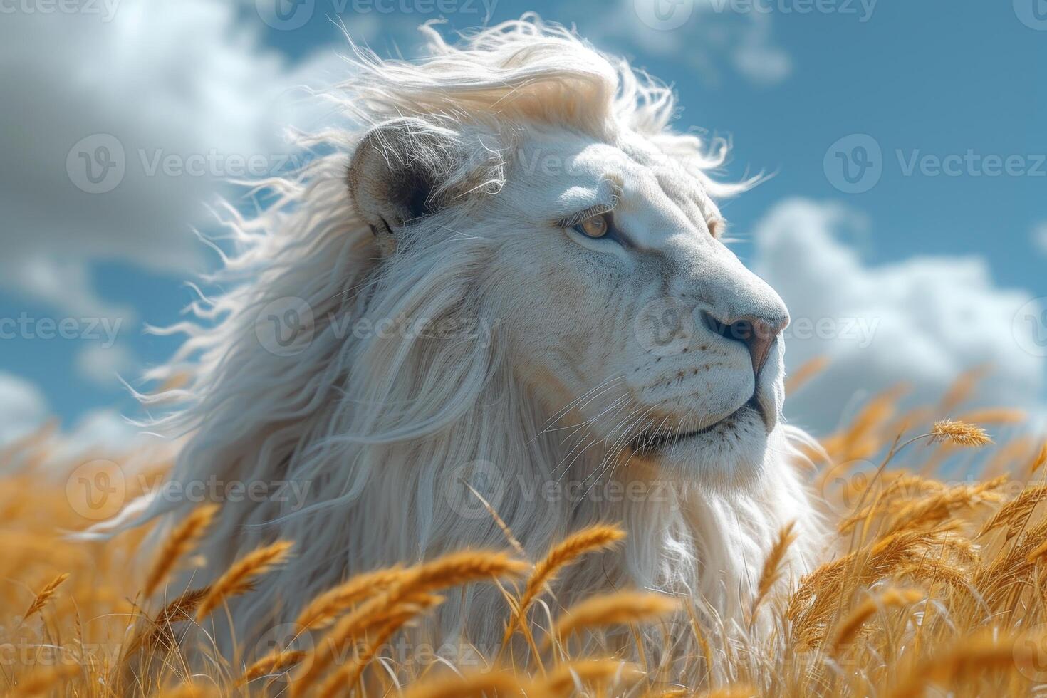 ai generiert Porträt von ein Weiß Löwe im ein Feld im Sommer- foto