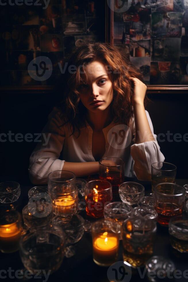 ai generiert Porträt von ein Trinken Mädchen beim ein Tabelle auf ein dunkel Hintergrund foto