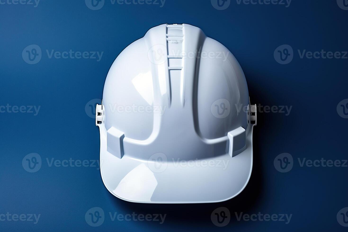 ai generiert ein ganze Weiß Helm auf ein Blau Hintergrund. industriell Sicherheit Konzept. generiert durch künstlich Intelligenz foto