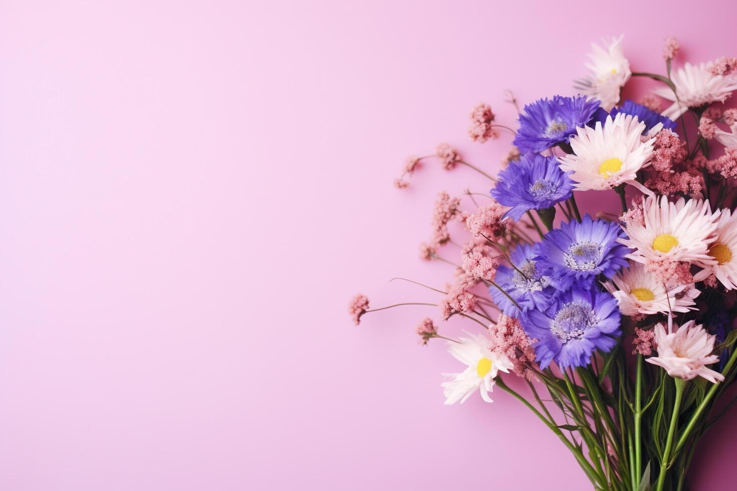 ai generiert Rosa horizontal Hintergrund mit ein Strauß von Feld Blumen. generiert durch künstlich Intelligenz foto