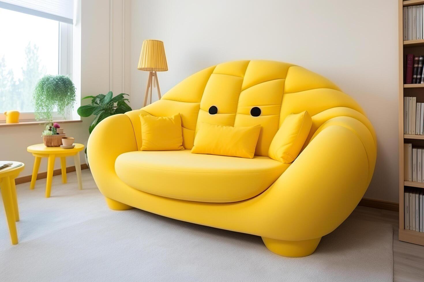 ai generiert Gelb Designer stilvoll Sofa im das Innere von ein hell Zimmer. generiert durch künstlich Intelligenz foto