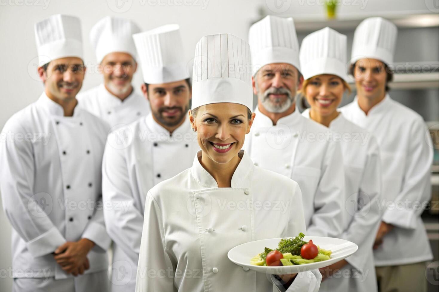 ai generiert glücklich lächelnd Koch Mannschaft im seine Küche foto