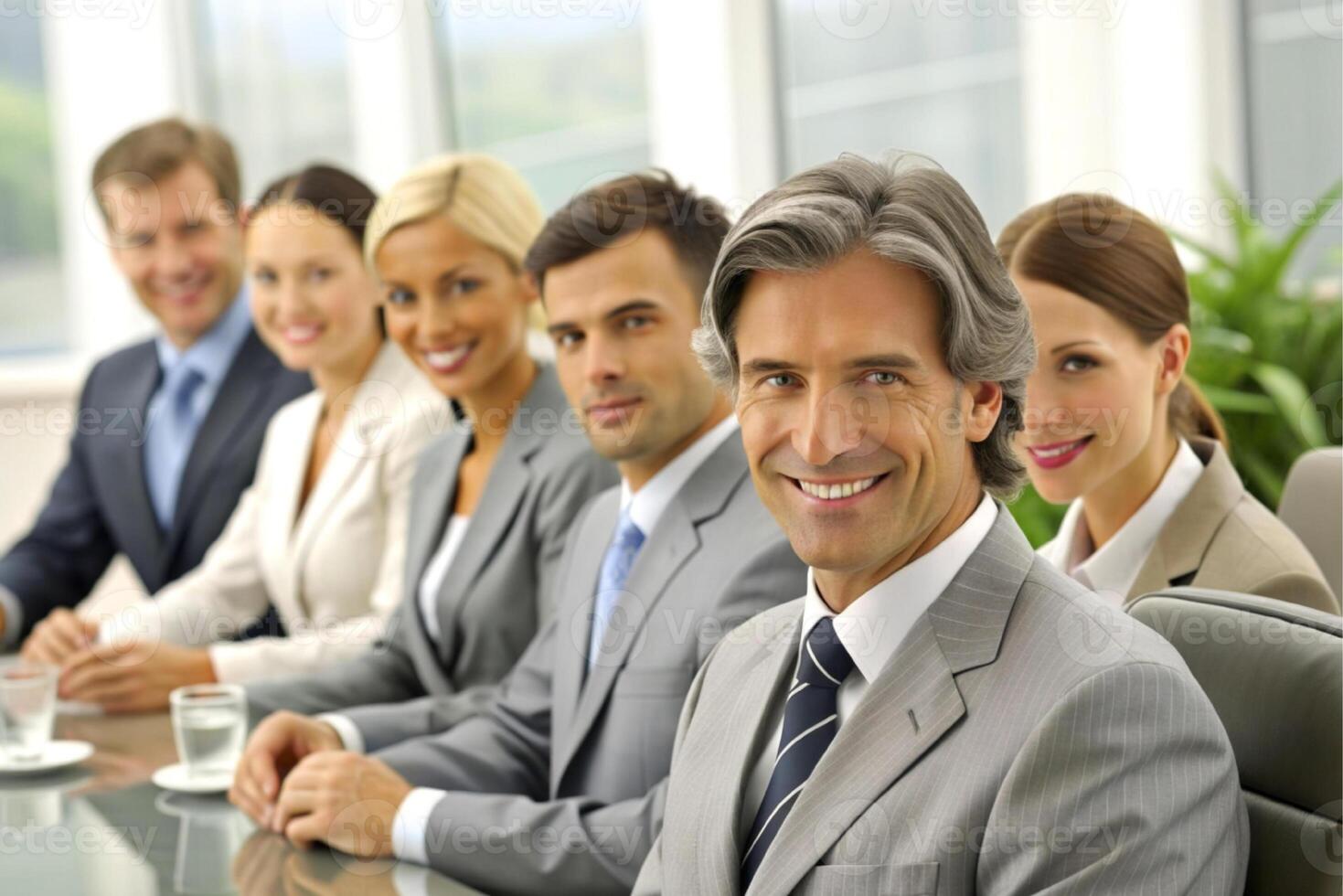 ai generiert modern Büro Mannschaft von Geschäft Menschen Lächeln und sich unterhalten foto
