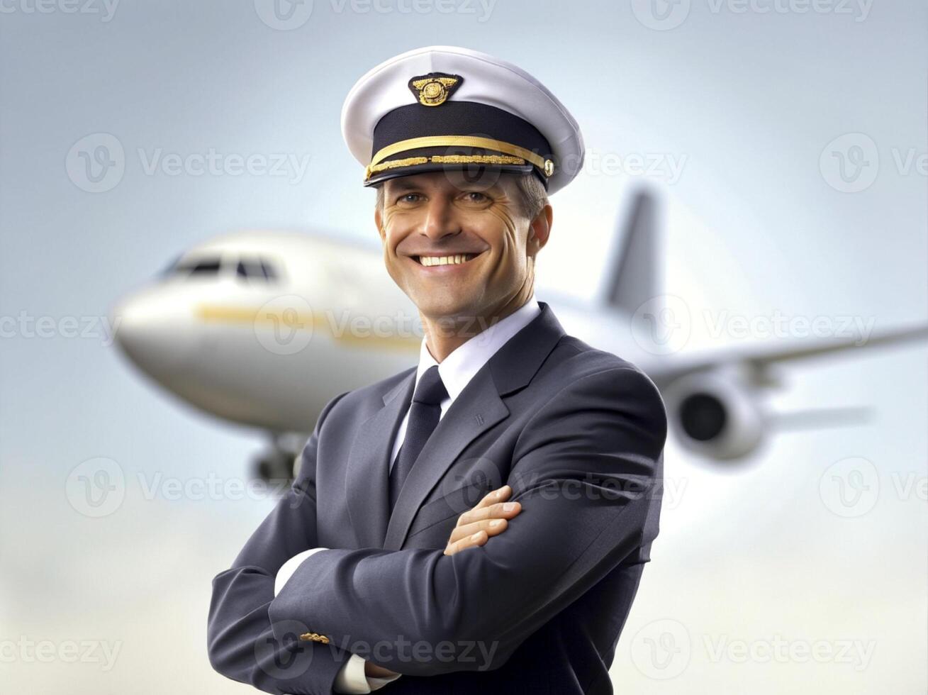 ai generiert zuversichtlich männlich Pilot im Uniform behalten Waffen gekreuzt und lächelnd mit Flugzeug im das Hintergrund foto