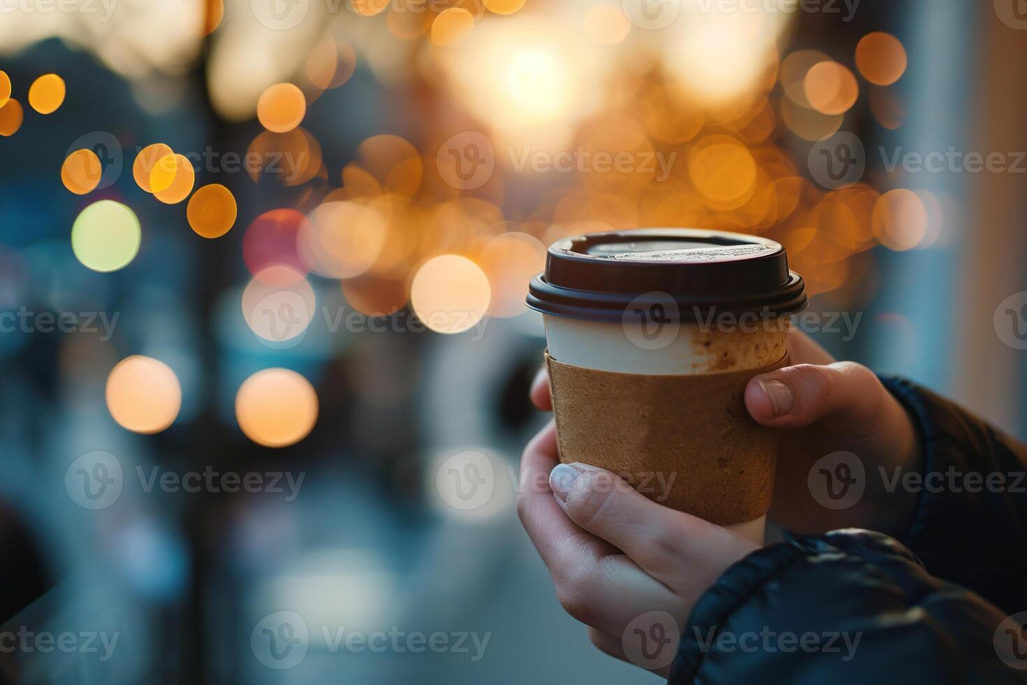 ai generiert Nahansicht von Hände halten ein Papier Tasse von heiß trinken wegbringen Kaffee oder Tee auf kalt Abend Stadt Straße verschwommen Bokeh Hintergrund foto