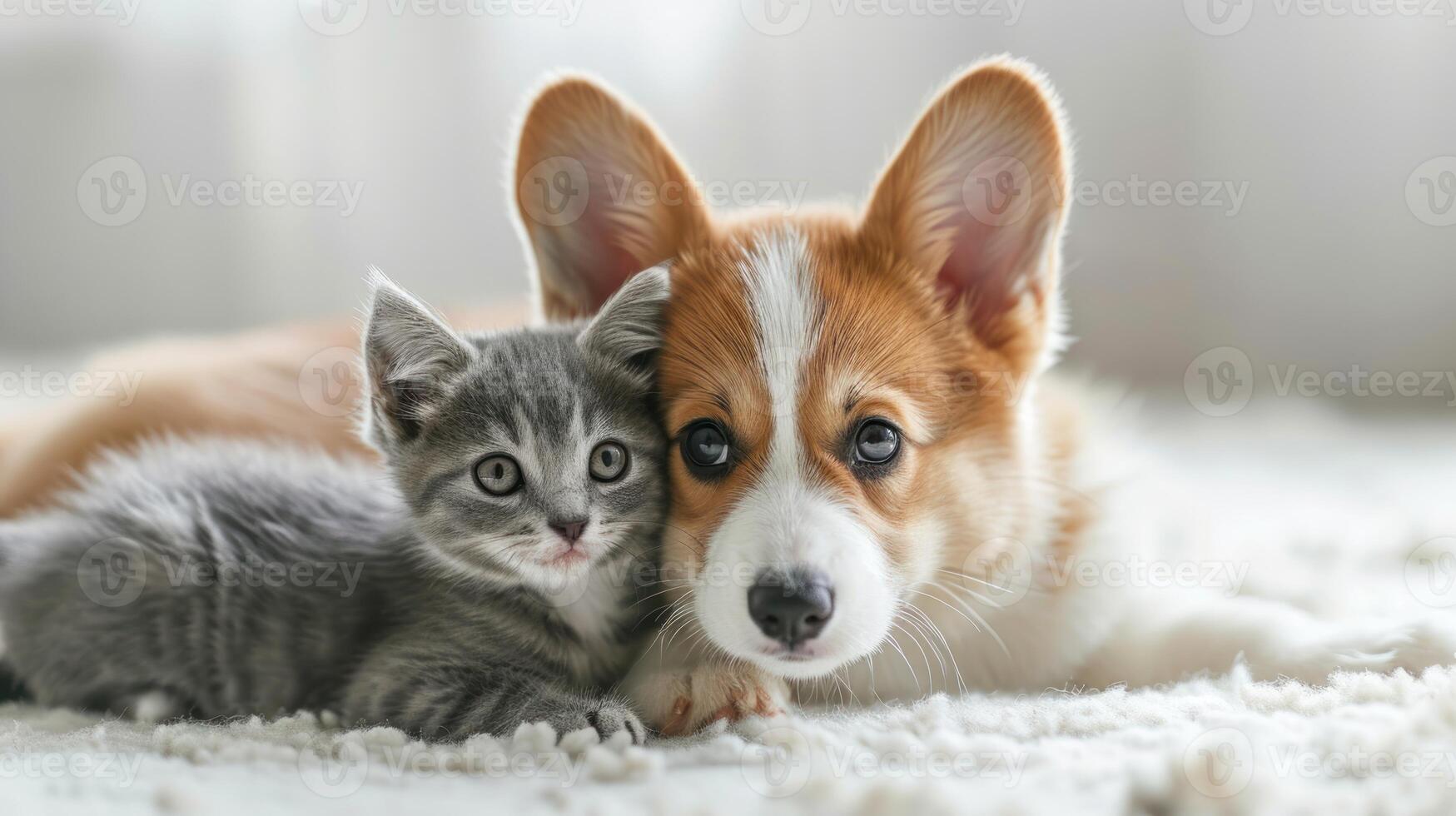 ai generiert Hund und Katze Verlegung auf das Bett zusammen foto