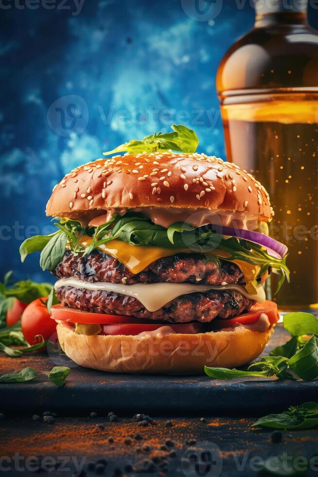 ai generiert Hamburger auf hölzern Tabelle foto