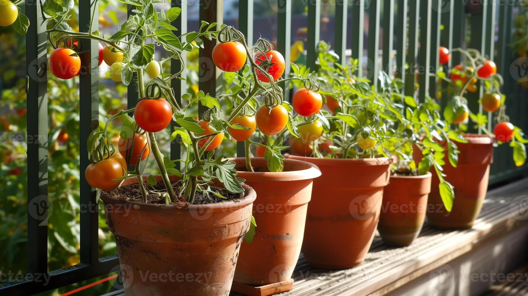 ai generiert eingetopft Tomate Pflanzen im Terrakotta Töpfe auf ein Holz Oberfläche. Zuhause Garten. Gartenarbeit, Pflanzen, einheimisch Konzept. foto