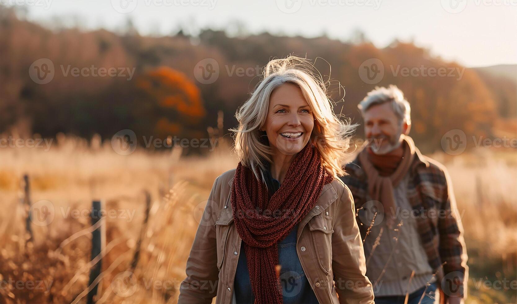 ai generiert Sonnenschein Spaziergänge Liebe im später Jahre foto