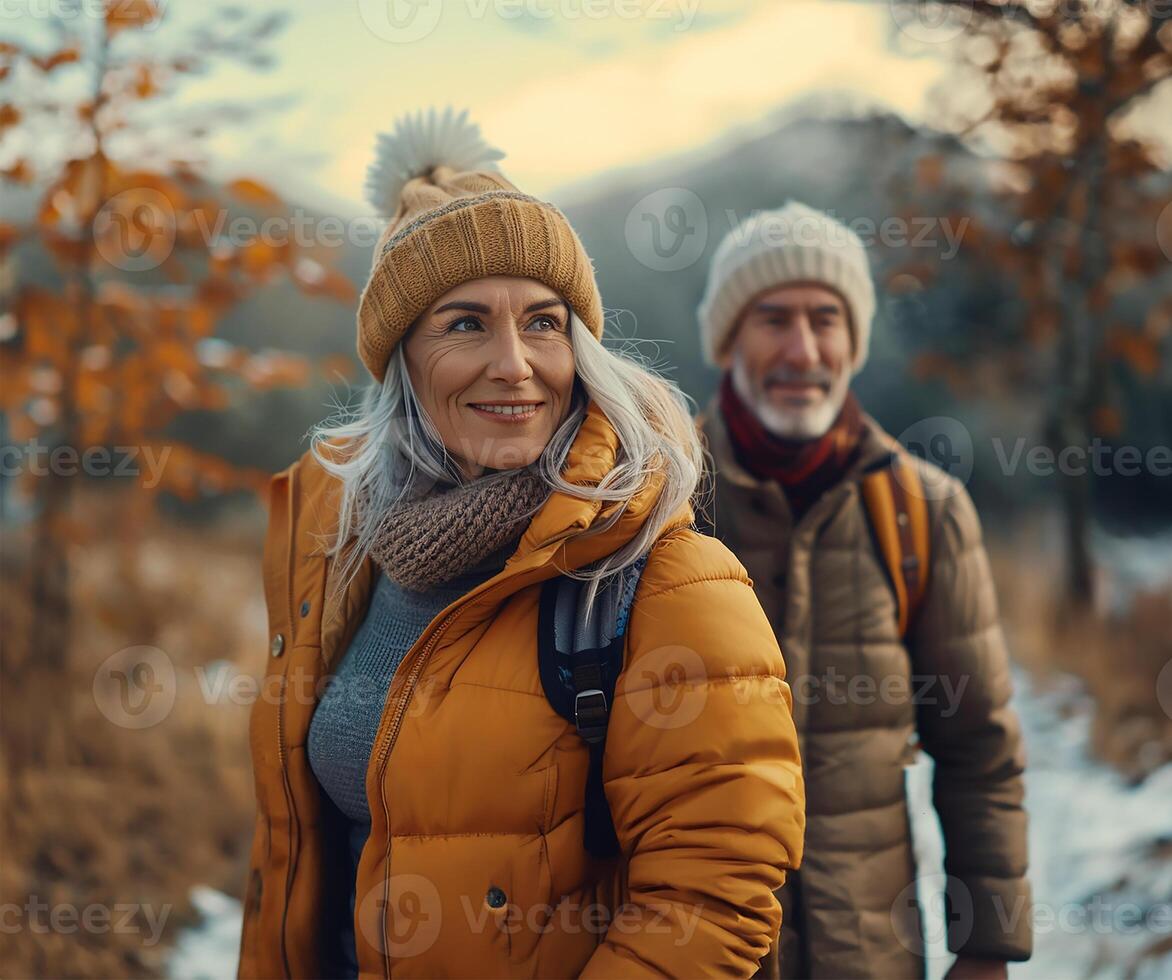 ai generiert Sonnenschein Spaziergänge Liebe im später Jahre foto