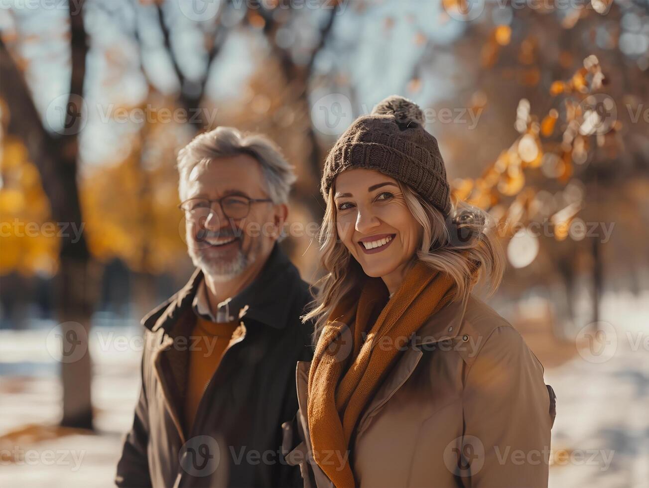 ai generiert Sonnenschein Spaziergänge Liebe im später Jahre foto