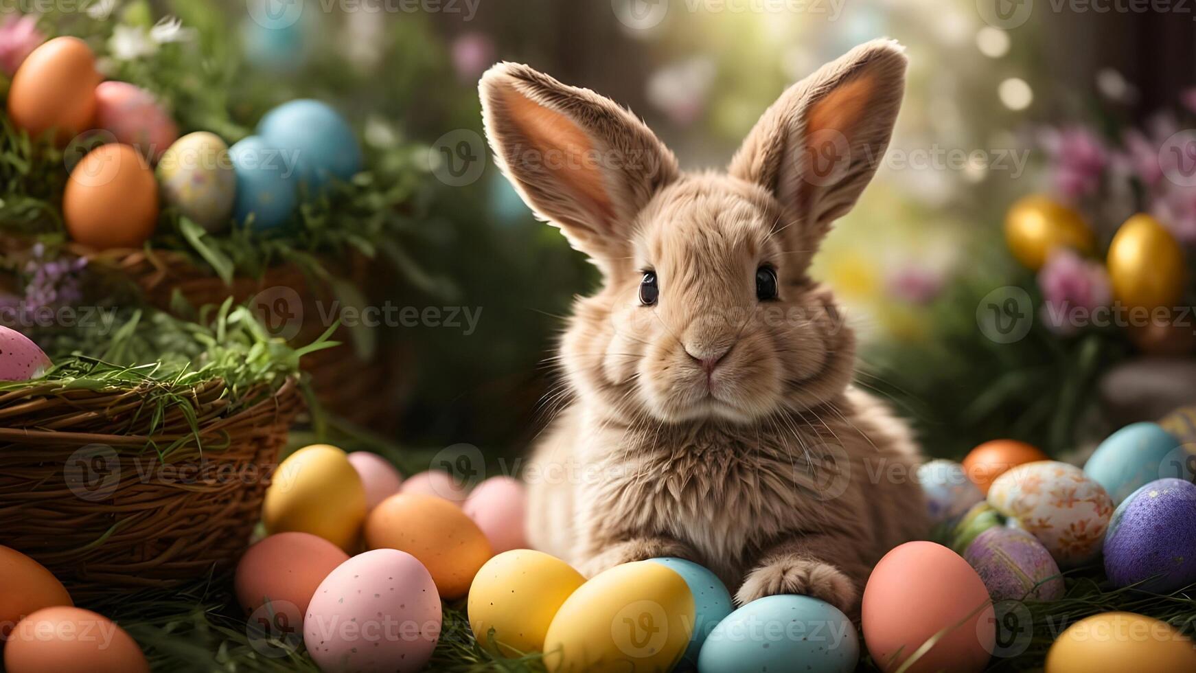 ai generiert süß flauschige Ostern Hase und bunt Eier auf Grün Gras, schließen oben und selektiv Fokus Bild zum Design foto