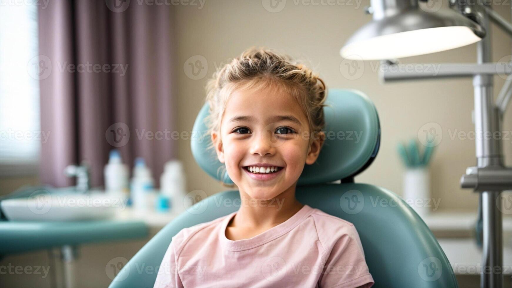 ai generiert Porträt von wenig Mädchen blond Haar Sitzung im Dental Stuhl suchen beim Kamera und lächelnd, schließen oben und selektiv Fokus. foto