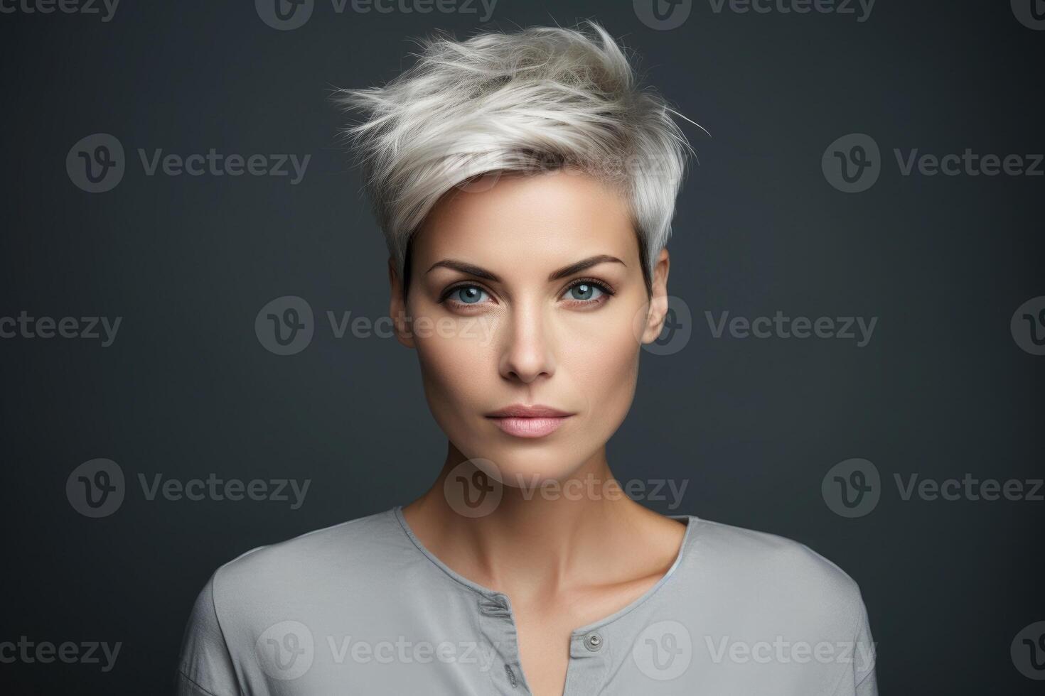 ai generiert Porträt von ein Frau mit kurz aschefarben Haar foto