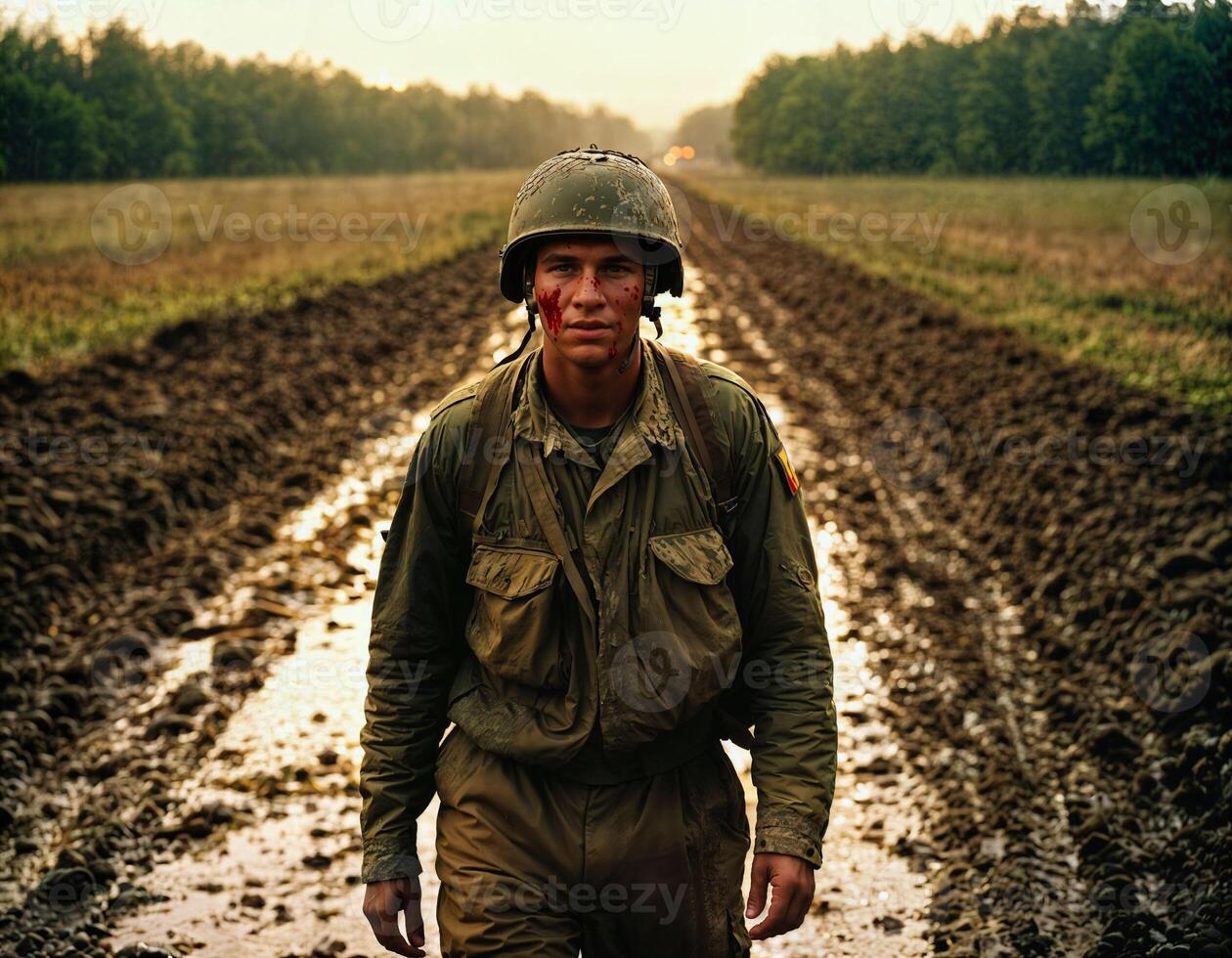 ai generiert Foto von heftig Soldat Mann im Heer Outfit und Helm im ernst gefährlich Krieg Gehen auf Feld, generativ ai