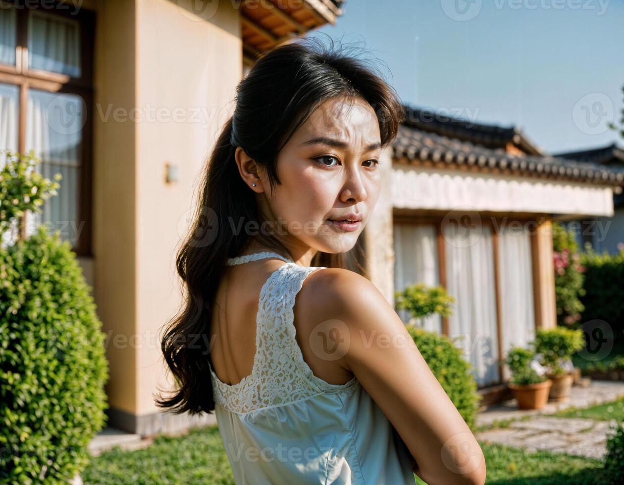 ai generiert Foto von schön asiatisch Frau wie ein Ehefrau mit neugierig Gesicht Gefühl Stehen im Vorderseite von ihr Haus, generativ ai