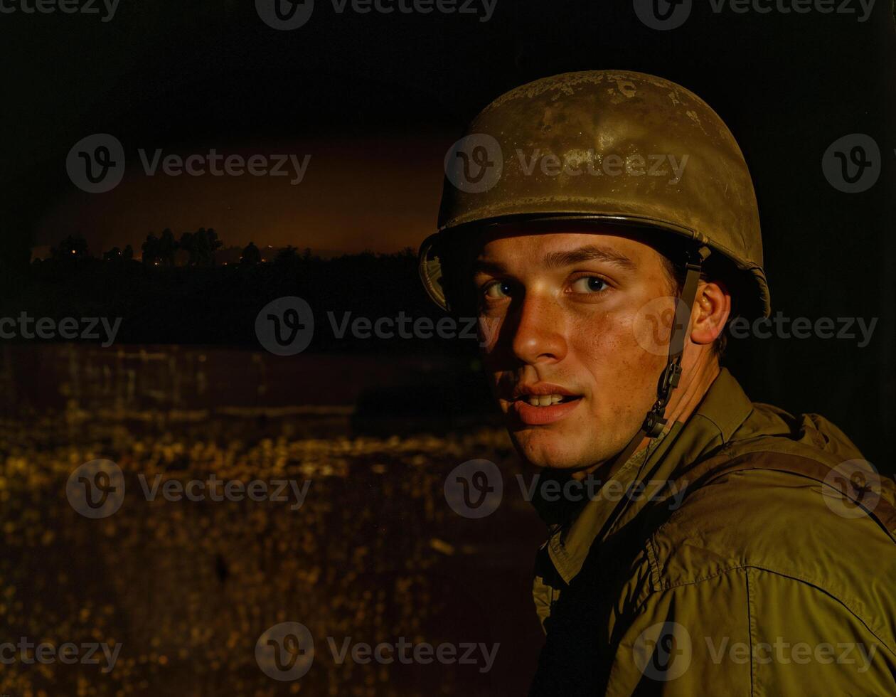 ai generiert Foto von heftig Soldat Mann im Heer Outfit und Helm im ernst gefährlich Krieg beim Nacht, generativ ai