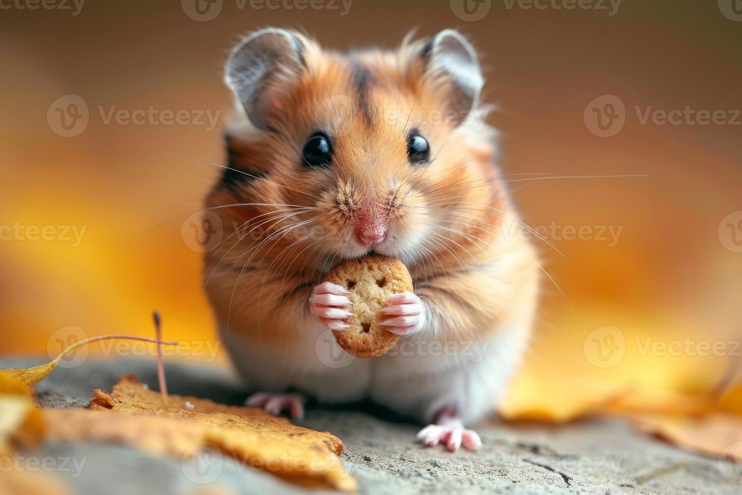 ai generiert hungrig Haustier Hamster isst Kekse drinnen foto