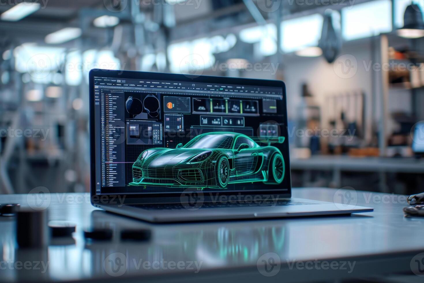 ai generiert das Layout von ein modern Sport Auto auf das Laptop Bildschirm von ein Automobil Designer foto