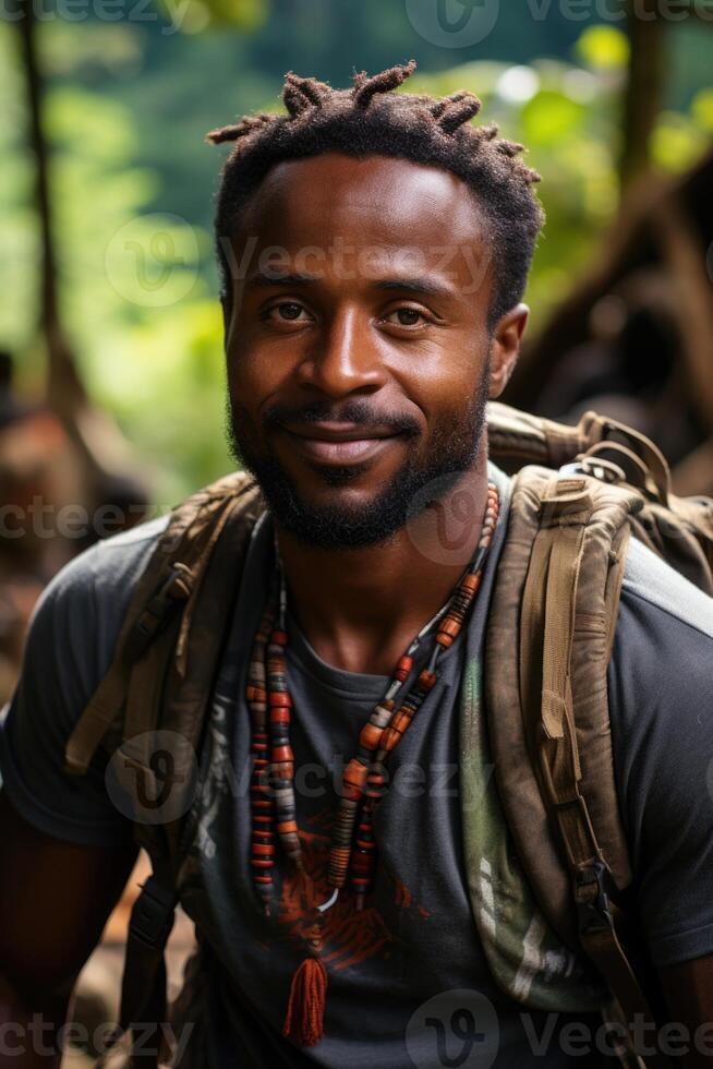 ai generiert Porträt von ein heiter bärtig Reisender mit ein Rucksack gegen das Hintergrund von Natur. Guinea foto