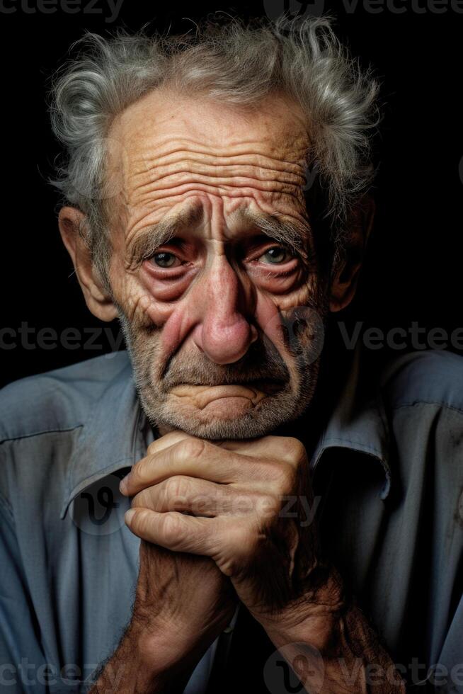 ai generiert Porträt von ein traurig Alten Mann auf ein schwarz Hintergrund foto