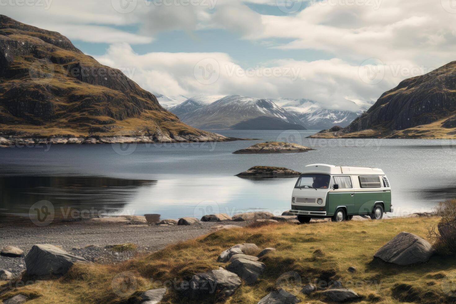 ai generiert Camping in der Nähe von das See im ein Wohnmobil . Camping im ein Wohnmobil van foto